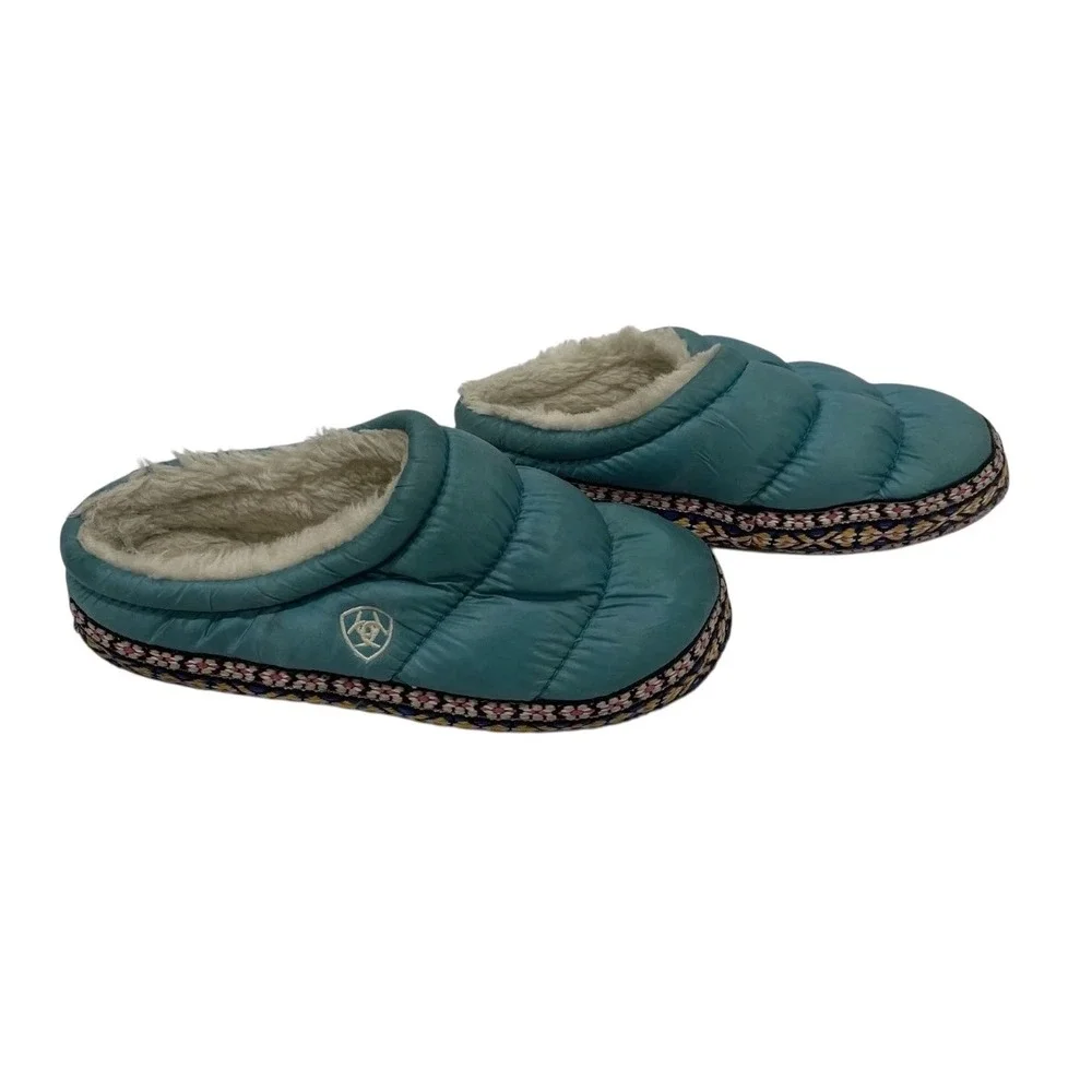 🔥Ariat Kid🚨Small Puffer Slippers Blue Quilted Fleece Lined Mules Western Aztec
